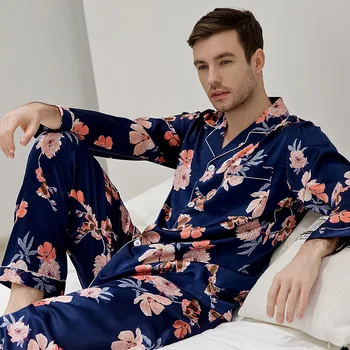 

Casual Spring Male Sleepwear 2PCS Sleep Set Satin Print Kimono Bathrobe Gown Shirt&Pants Summer New Intimate Lingerie Homewear