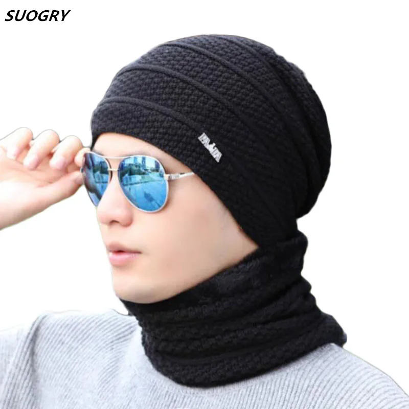 

New Fashion Plaid Striped 2 Pieces Knitted Beanie Hat Set Winter Cap Scarves Scarf Thickest Color Sewing Velvet Man Warm