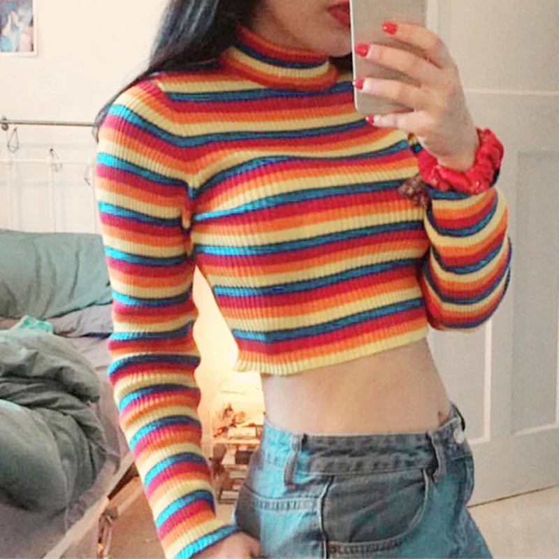 Женские топы свитер пуловер полувысокий воротник радужная полоса длинный рукав