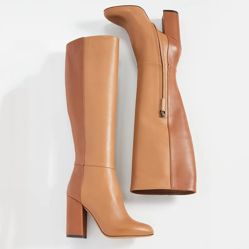 Two Color Knee Long Boots High Square Heels Round Toe Zipper Large Size 13 15 Women Patchwork Design Winter Fashion Shoes Shofoo