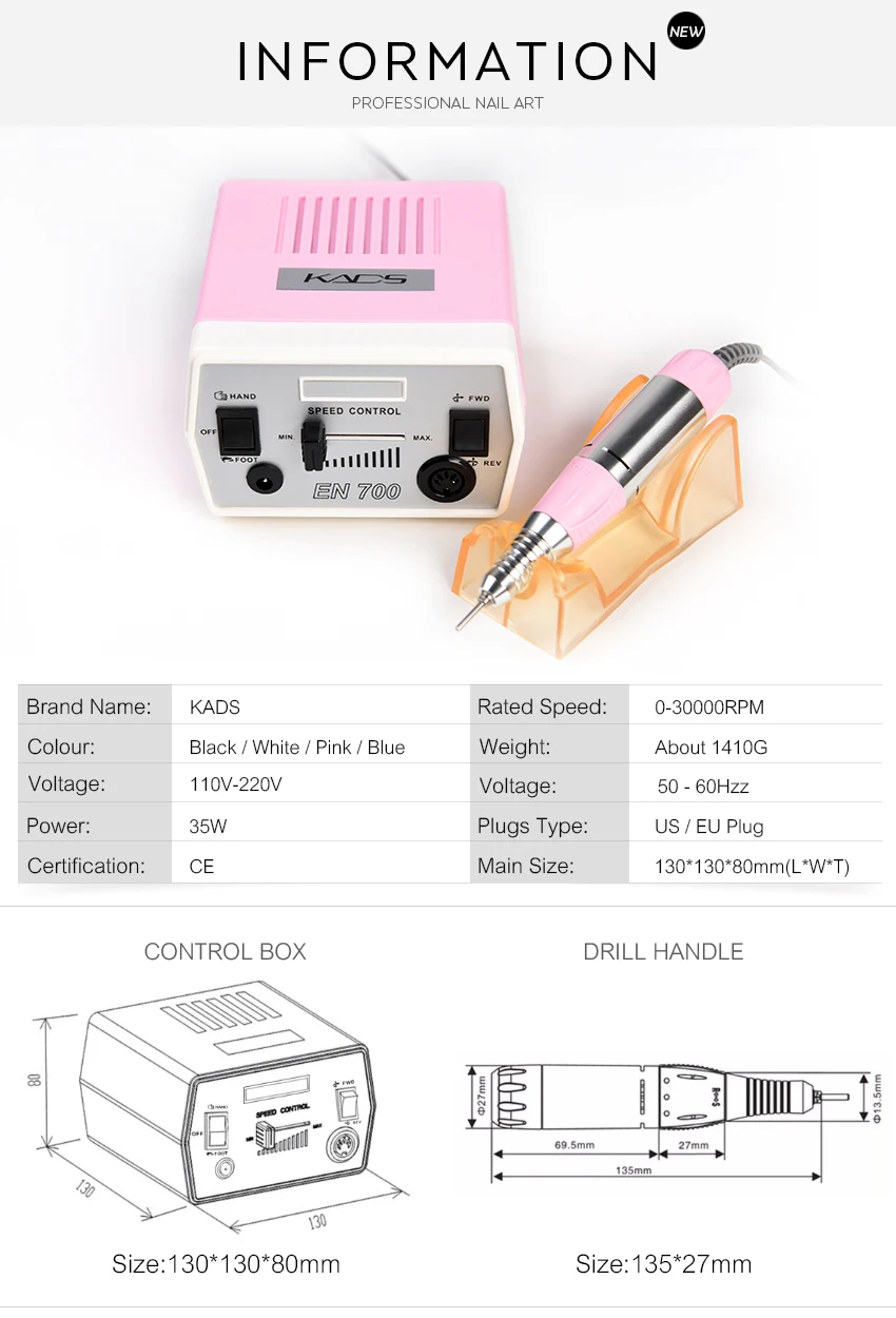 KADS 30000 об/мин, фрезер для ногтей, сверлильный станок для ногтей Маникюр Педикюр Инструменты Электрические машины с ручкой и набор сверл 4 цвета на выбор