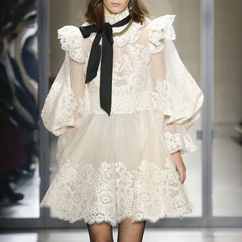 

2020 Spring Vintage Lace Floral Polka Dot Ruffled Short Dress Women Sweet Bow Lantern Sleeve Stand Collar Mini Sheer Mesh Dress