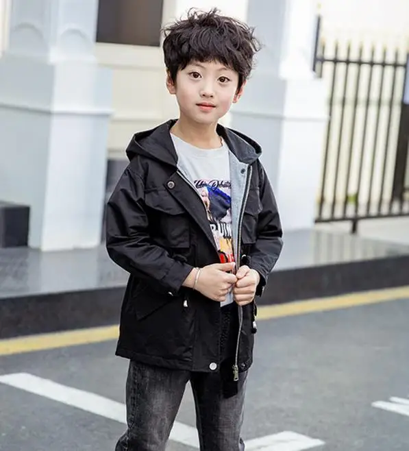 Spring Autumn Casual Boys Outwear Clothes Hooded Drawstring Children Windbreaker Jacket Multi Pockets Kids Trench Coat 4-13T - Цвет: Черный