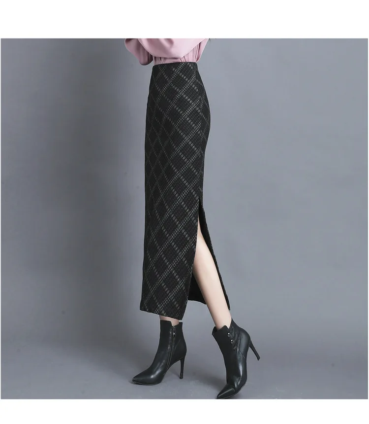 Two Sides Slit Sexy Pencil Skirt Women Long Plaid Skirt Autumn Winter Thicken Warm High Waist Vintage Skirt Lady 3543LY