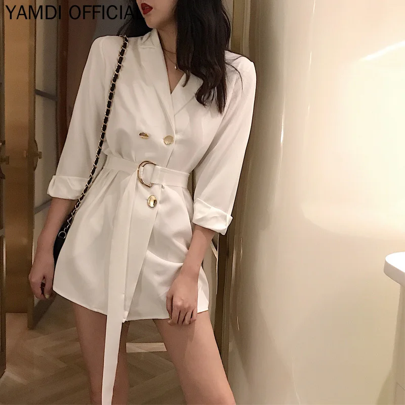 YAMDI женский однотонный черный белый блейзер Jucket женский костюм с воротником, пальто Корейская верхняя одежда Blaser женсткая куртка Doiuble