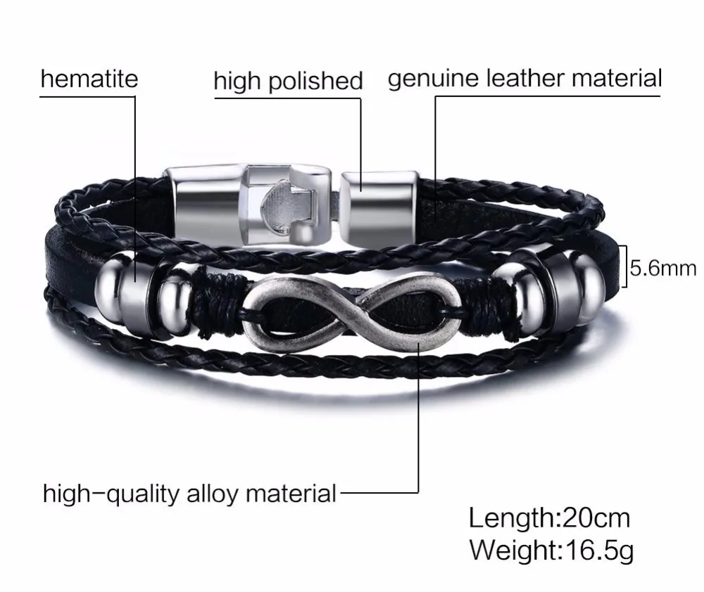 Мужские браслеты s, многожильный кожаный плетеный веревочный браслет, бесконечность и гематит, мужские ювелирные изделия, браслет, обертывание, браслет