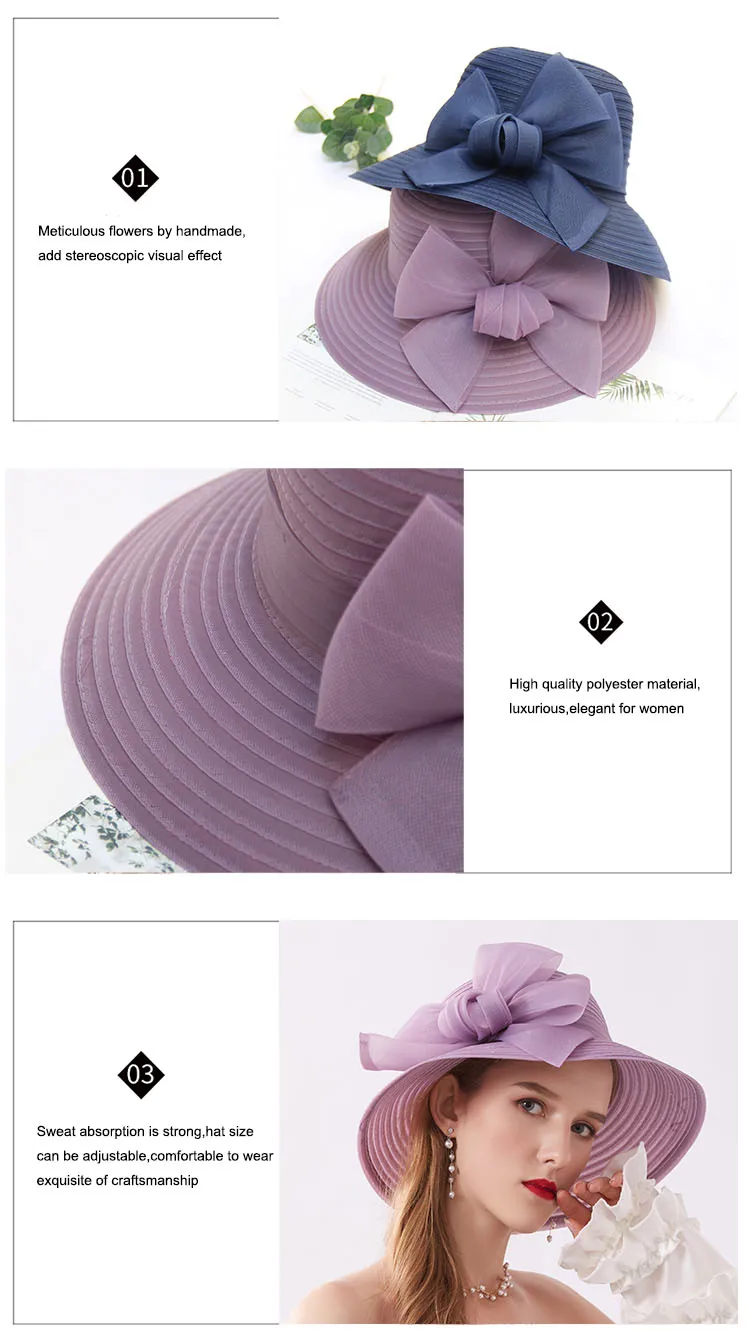 FS Pink Wide Brim Hats For Women Caps Ladies Fascinators Fedora Hat Flower Wedding Church Party Beach Sun Hats