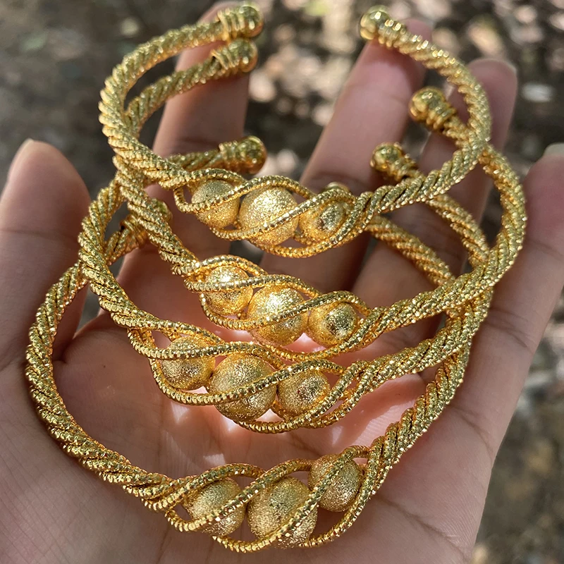 4pcs Ethnic Bead Gold Color Dubai Bangles For Women 24K Ball Copper Saudi Arabic Bracelet Girls Africa Bangles Wedding jewelry