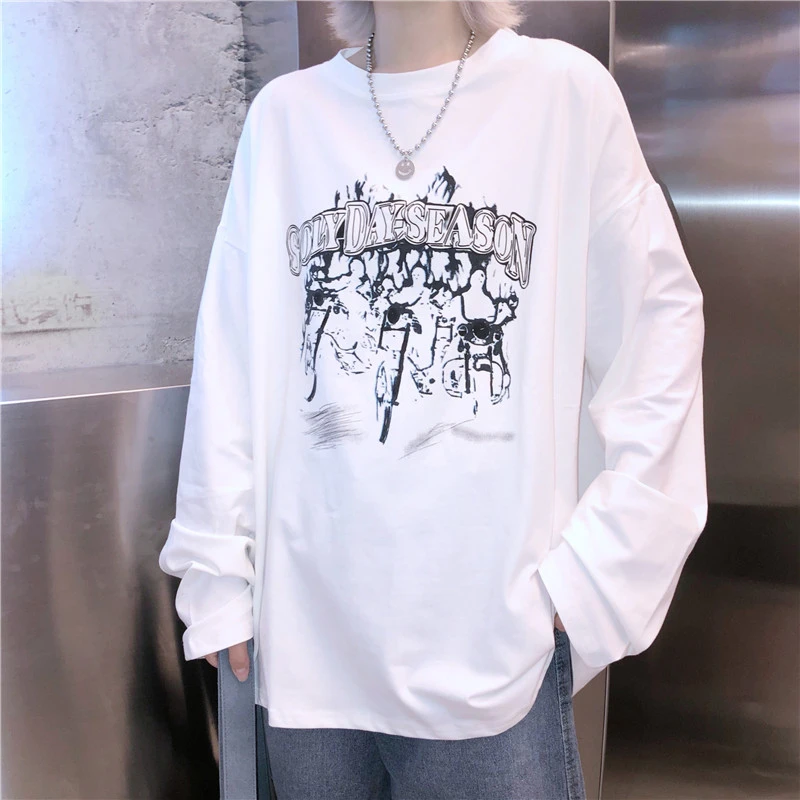 Harajuku уличная футболка для женщин осенняя одежда Корейский Ulzzang Винтаж Рок печатных футболки женские с длинным рукавом Футболка Топ