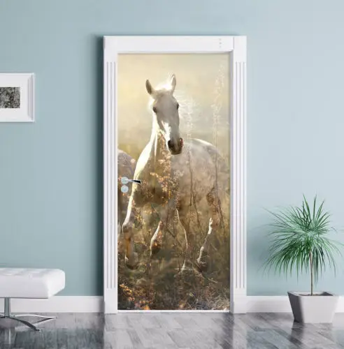 Горячая дверь Фреска Белая лошадь животное дверь стикер DIY самоклеющиеся водонепроницаемые обои для украшения дома подарок