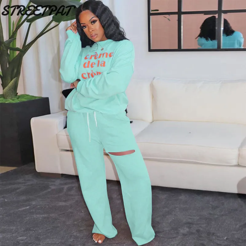 

Fitness Sport Set Women Sweatshirt Sweatpants Hole Wide Leg Pant 2 Piece Set Tracksuit Women Jogging Femme Sweat Suit