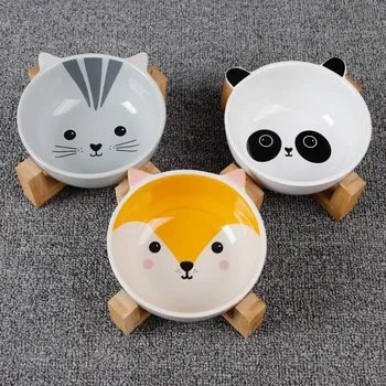 

New Cat Bowl Bamboo Wood Stand Ceramic Cartoon Bowl Cartoon Cute Cat Bowl Dog Bowl Pet Supplies Have Three Colors Are Available