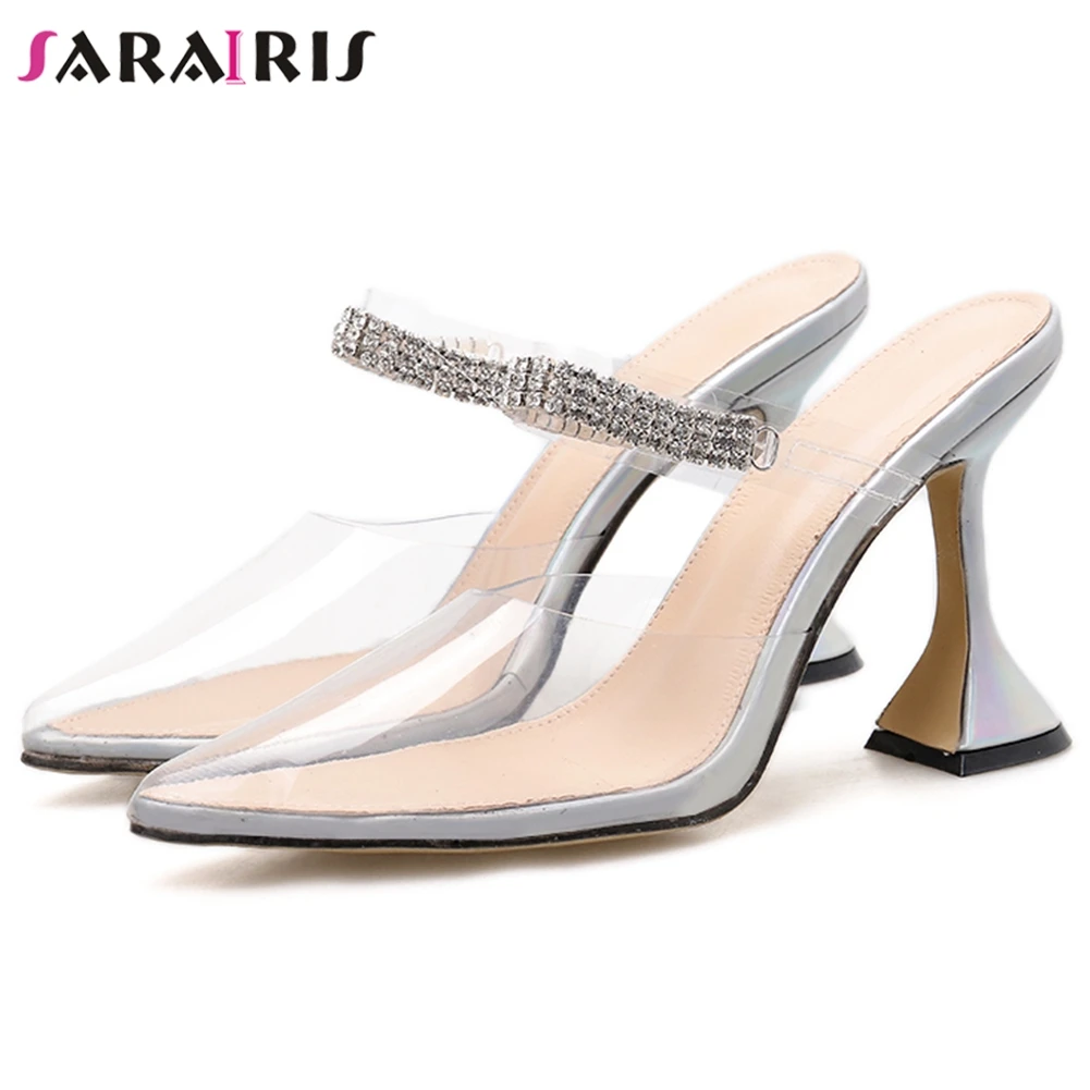 

SARAIRIS Big Size 35-42 Brand Female Fashion Crystal Extreme High Heels Mules Party Ol Sexy Slippers Women Pvc Shoes Woman