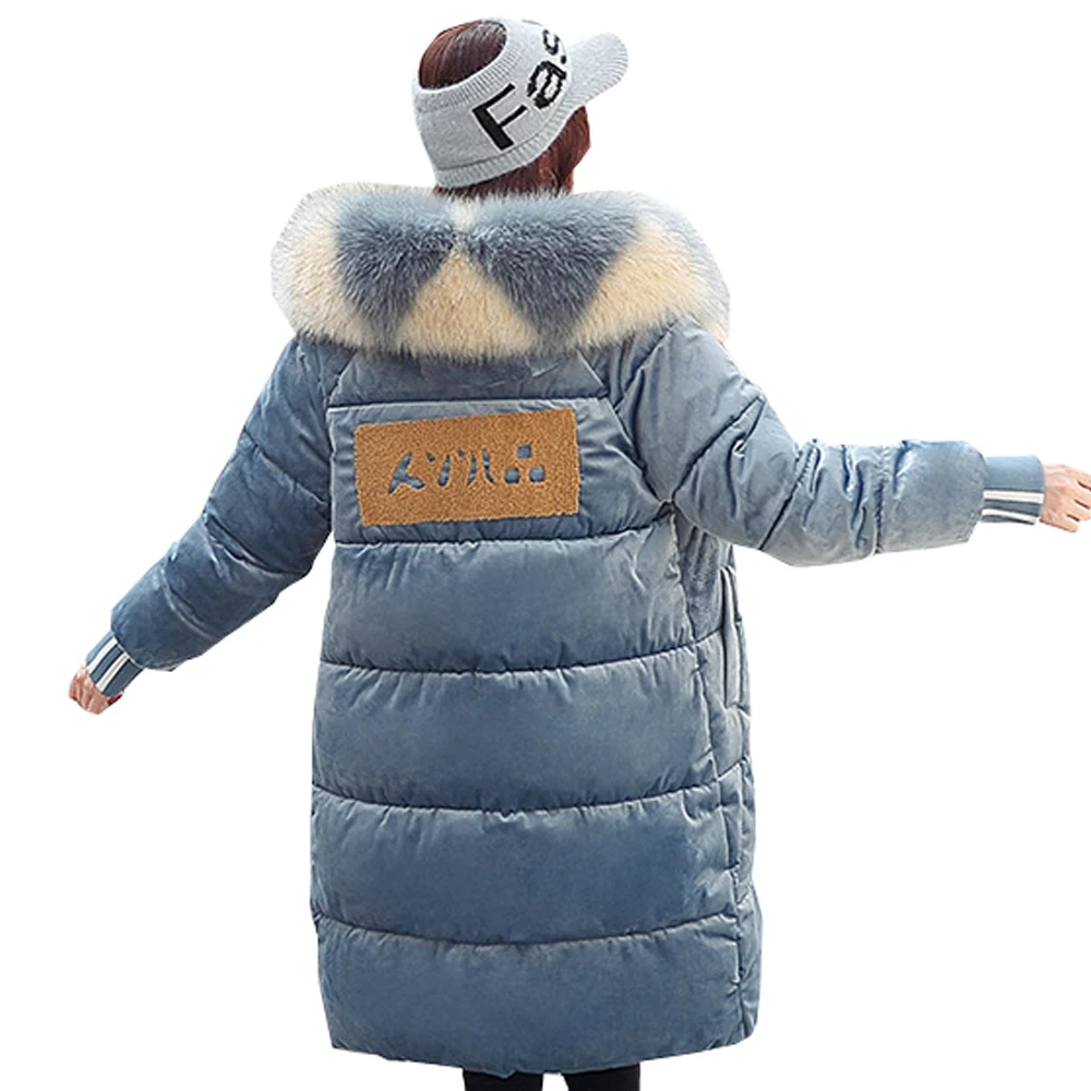 

New arrival Warm Hooded Fur Cotton Parkas collar long-term students in women's knee-length golden velvet jacket for winter 1075