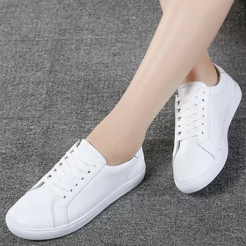 

2020 Women Vulcanzied Sneaker Flat Lace Up Female Ladies Girl Student Genuine Leather White Shoes Sewing Soft Shoes 35-40
