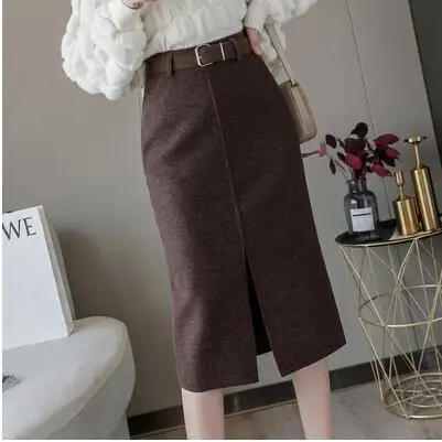 Dark brown KINOMI, Осень-зима, Женские винтажные шерстяные юбки миди с поясом, высокая талия, Облегающие юбки-карандаш длиной до колена, женские юбки с разрезом, Новинка - Color: Dark brown