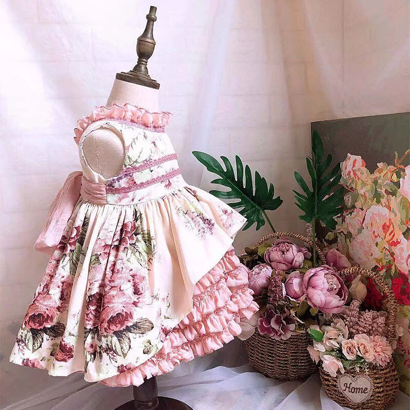 От 0 до 7 лет для маленьких девочек; сезон осень-зима; розовое винтажное платье принцессы в стиле испанской Лолиты с цветочным рисунком для девочек; Повседневное платье для дня рождения и рождественской вечеринки