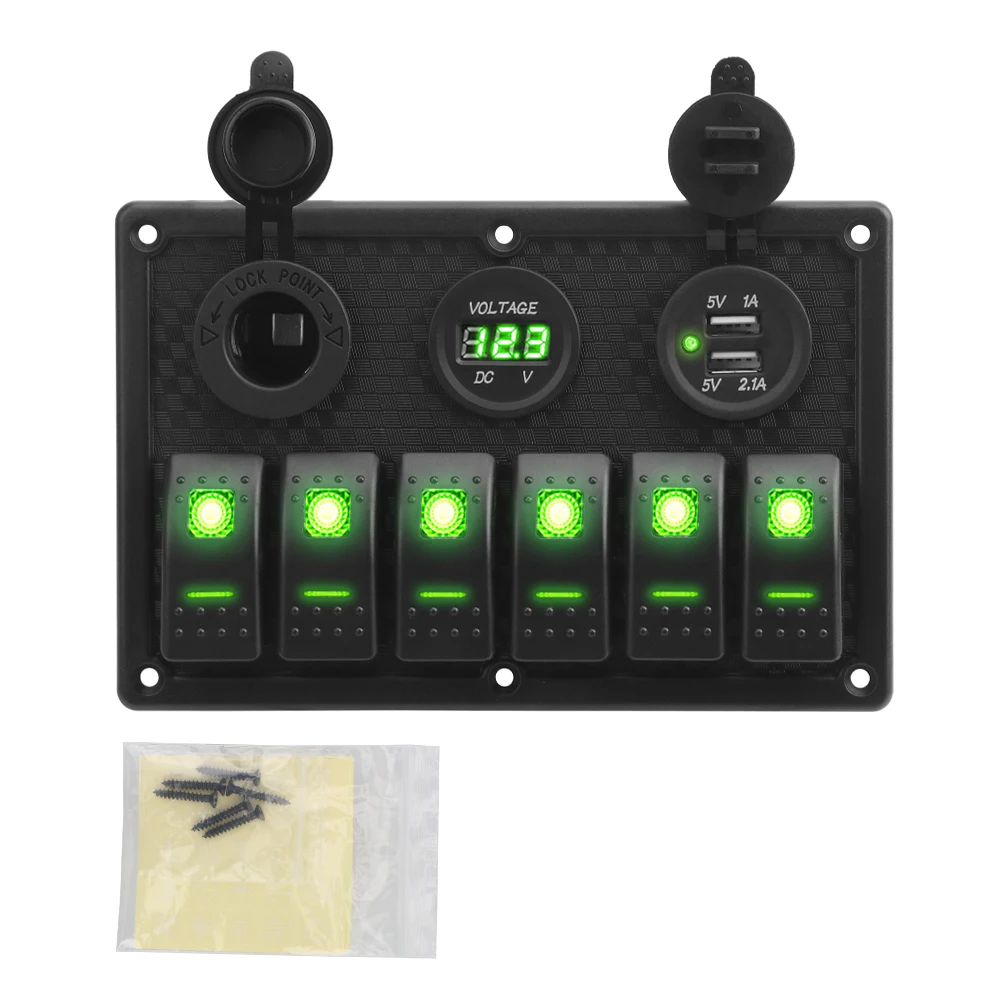 green switch control panel with voltage meter