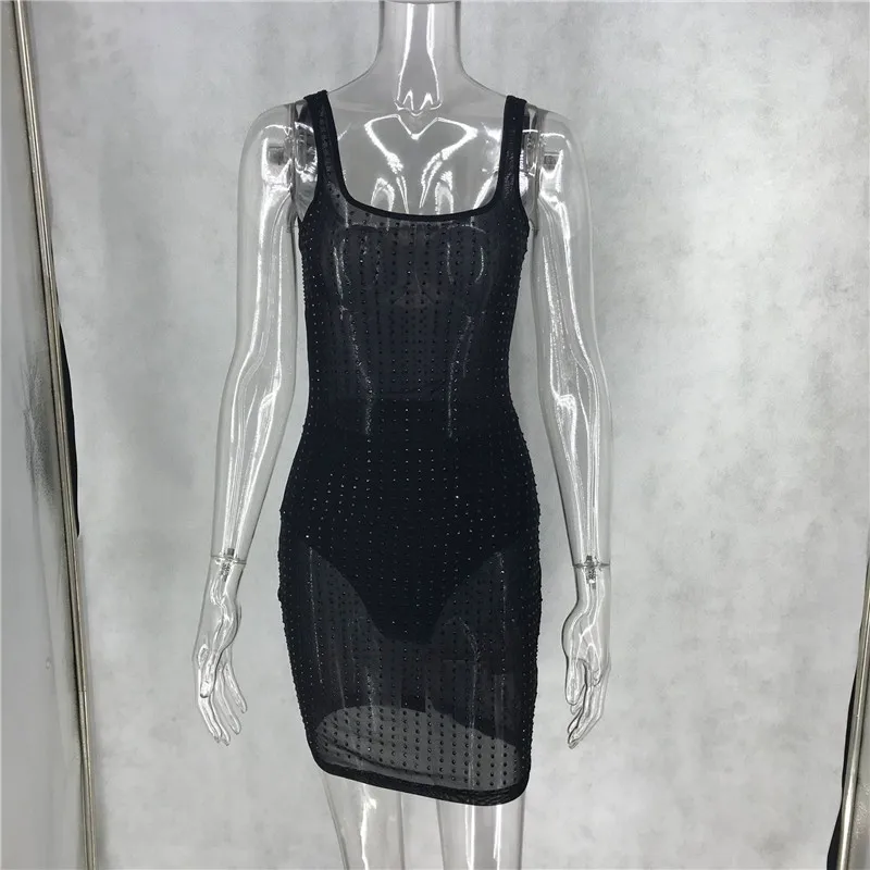 Новое сексуальное облегающее платье с кристаллами женское Короткое мини-платье со стразами наряды для ночного клуба вечерние прозрачные летние сетчатые платья - Цвет: Black