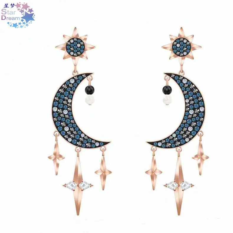 Элемент Swarovski, 19 лет, стиль, серьги с перфорацией в виде Луны и звезд, голубой жемчуг, луна и звезды, женские серьги-гвоздики