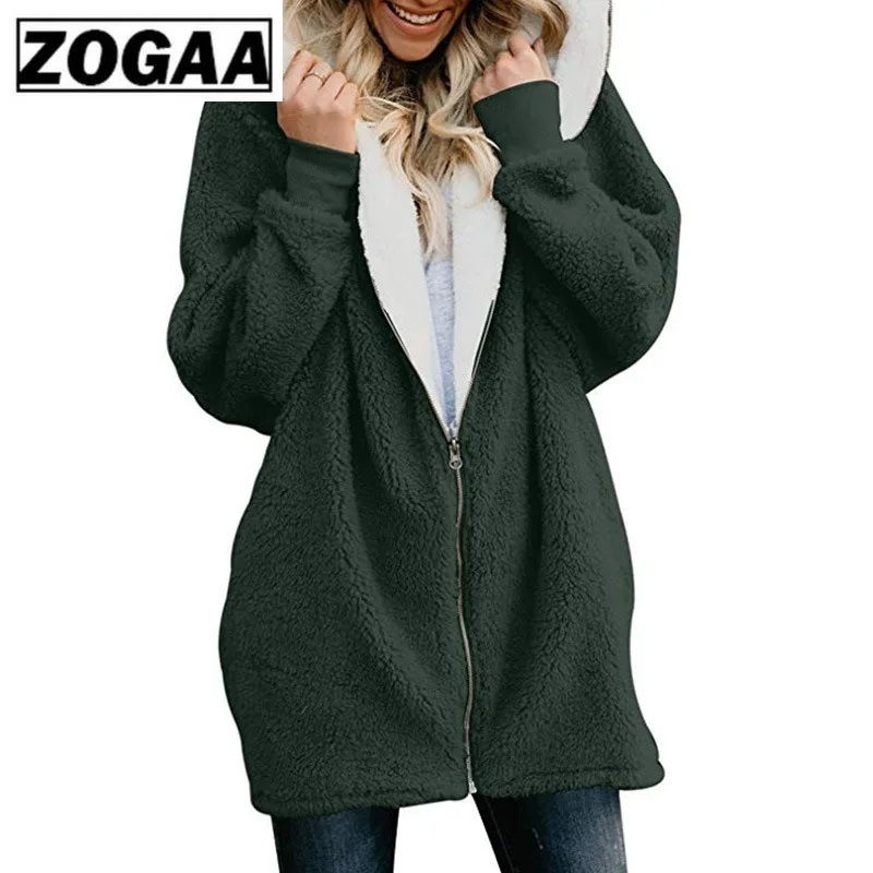 ZOGAA New Winter Women Long Coat Zipper Loose Fluffy Hooded Jacket Warm Fleece Soft Outerwear Cute Overcoat Zip-up 5XL Plus Size