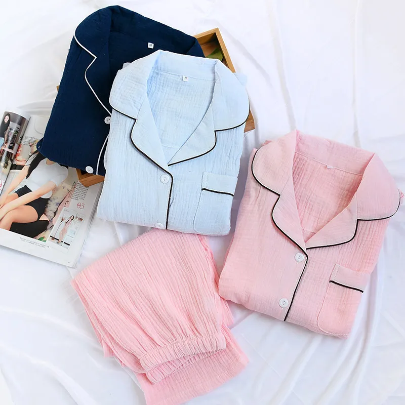 

Navy Blue Crape 100% Cotton Long Sleeve Pajamas Set Women Autumn Winter Pure Color Pijamas Mujer Pyjamas Women Casual Indoorwear