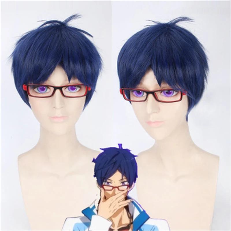 

Anime Free! Ryugazaki Rei Short Bule Wig Cosplay Costume Heat Resistant Synthetic Hair Party Wigs For Men ( No Glasses )