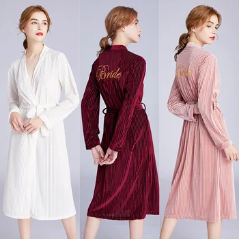 

Women Stripe Print Wedding Robe Sleepwear Sexy Bath Gown Solid Letter Nightdress Female Nightgown Pajamas Plus Size