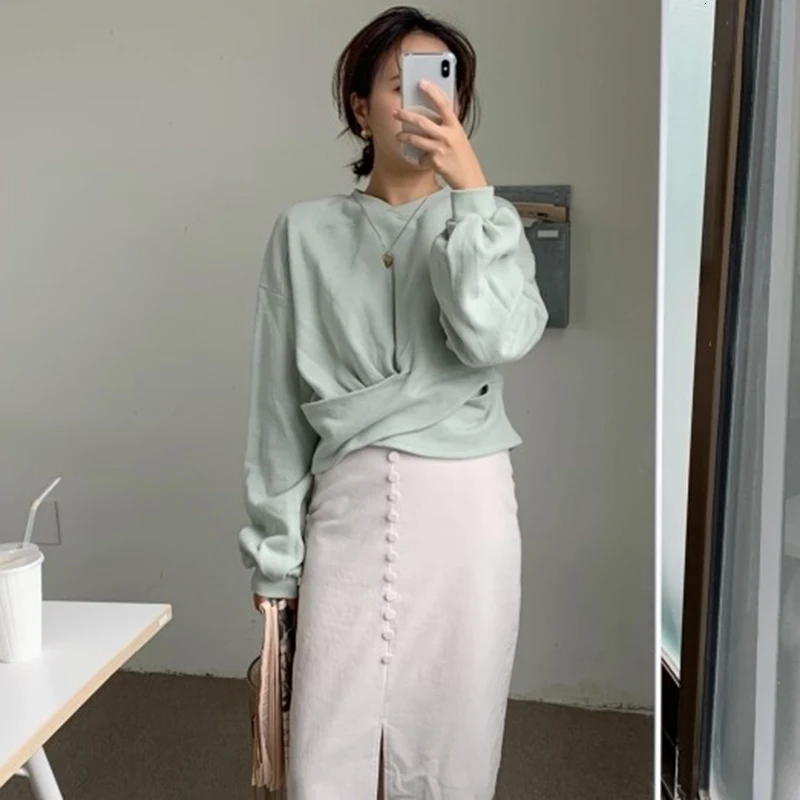 SHENGPALAE Round Collar Lantern Sleeve Women Feminino Jumpers Autumn Winter Keep Warm Korean Loose Women Sweatshirt A871