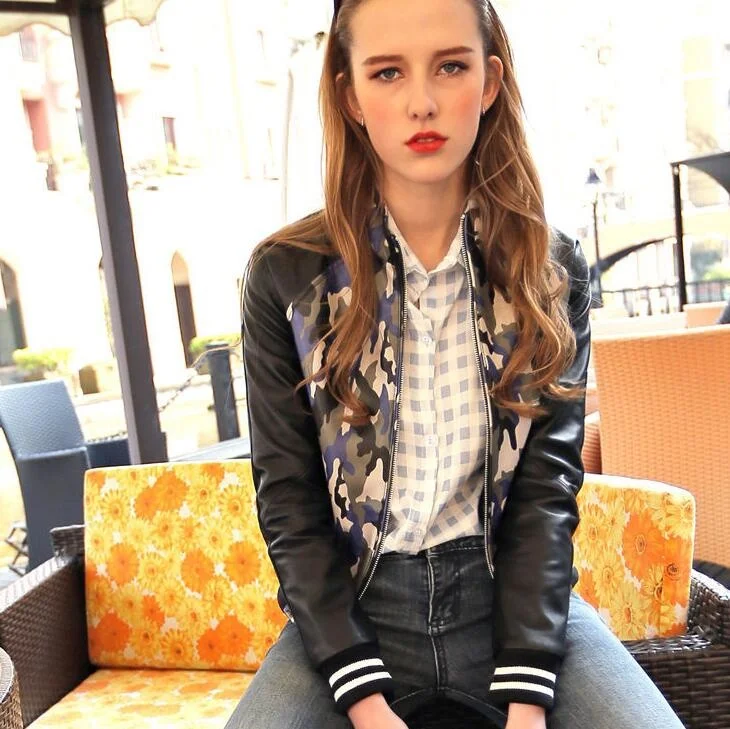 Genuine Leather Jacket Real Sheepskin Ladies Long Sleeve Bomber Spring Autumn Casual Camouflage Coat Military Army Slim Fit Tops