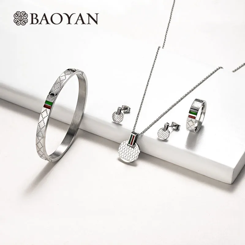 Baoyan, Модный Ювелирный Набор из нержавеющей стали, 4 шт., золотой, серебряный, Круглый, свадебный ювелирный набор, роскошный бренд, Свадебные Ювелирные наборы для женщин
