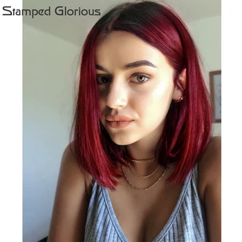 

Stamped Glorious Bob Straight Shoulder Longth Wig Black Roots to Wine Red Ombre Wigs with Deep Middle for Women Synthetic
