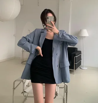 

2020 Autumn And Winter New Fashion Ladies Loose Casual Temperament Design British Style Chain Blazer