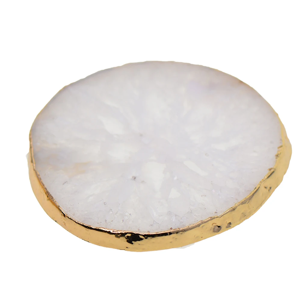 Gold Edge Agate Slice Crystal Coaster Cup Mat Coffee Tea Place Mat White