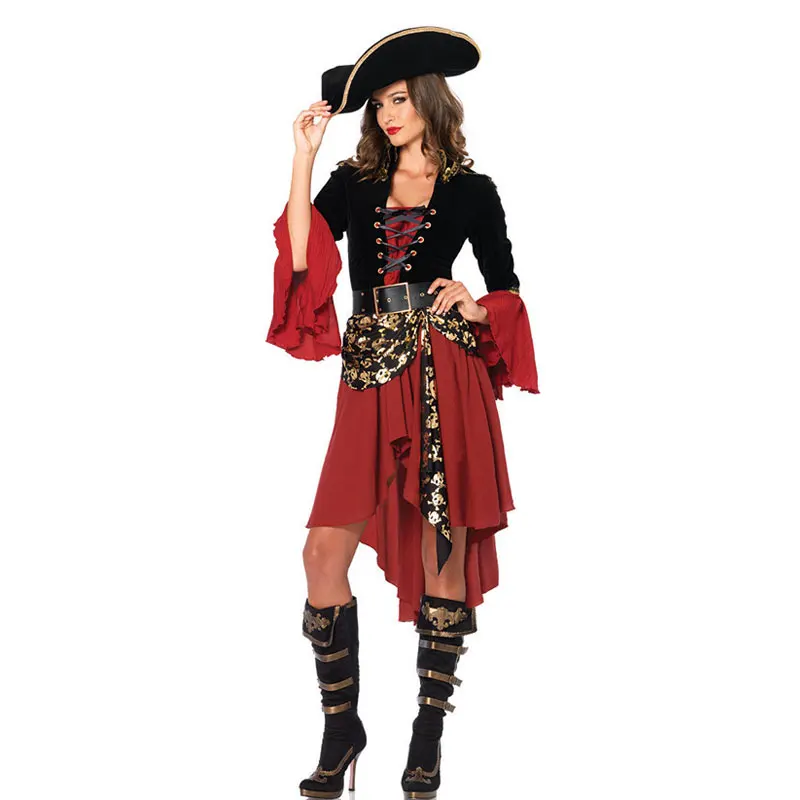 Koop Ataullah Vrouwelijke Caribbean Pirates Captain Kostuum Halloween Rollenspel Cosplay Pak Medoeval Gothic Fancy Vrouw Jurk DW004