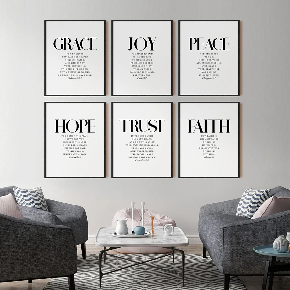 Bible Verse Poster and Print Grace Joy Peace Hope Trust Faith Wall art Print Christian Quotes Canvas Painting Poster on the Wall