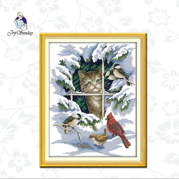 

Joy Sunday,cat andbirds,cross stitch embroidery kit,11CT Animal pattern cross stitch kit,Needlework counted cross-stitch pattern