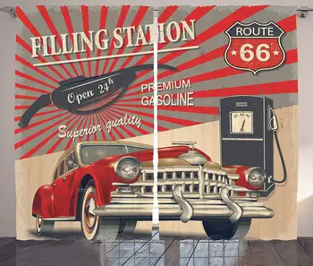 

Cars Route 66 Retro Poster Curtains Gasoline Station Commercial Kitschy Element Route 66 Print Living Room Bedroom Window Decor