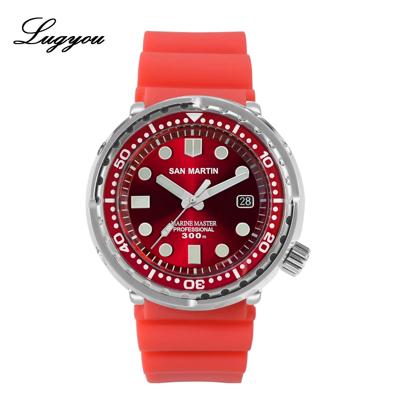Lugyou Сан Мартин тунец SBBN015 автоматические мужские часы для дайвинга из нержавеющей стали 300 м водостойкие солнечные лучи циферблат металлический браслет - Цвет: Rubber Red