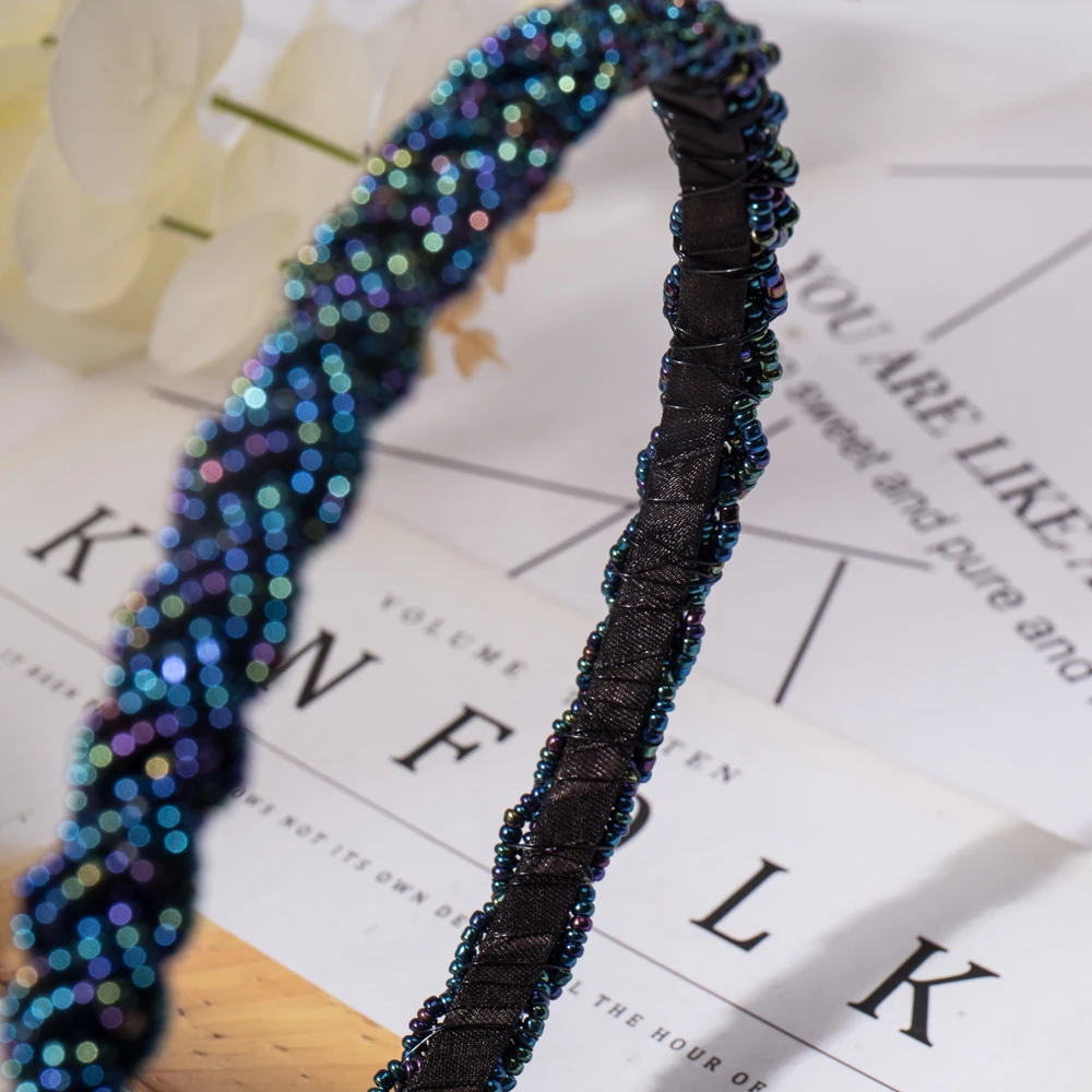 Retro Handgemachte Perlen Haarband Elastische Frauen Stirnband Haar Zubehör Metall Kristall Geflecht Kopf Bands Mädchen Haar Hoops Kopfbedeckungen – Detail 5