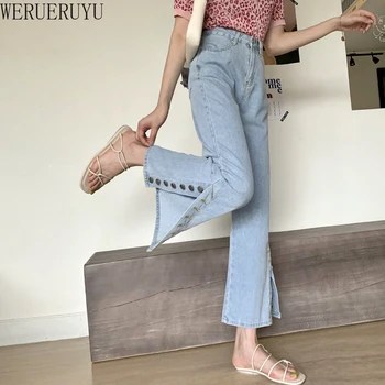 

WERUERUYU Hem Button Korean Jeans High Waist Women Jeans Autumn Full Length Wide Leg Jeans Vintage