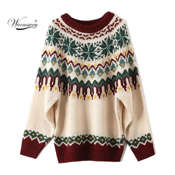 

Thicken Loose Large Size Jumper Sweater Women Retro Round Neck Loose Warm Jacquard Geometric Embroidery Pullover CY-020