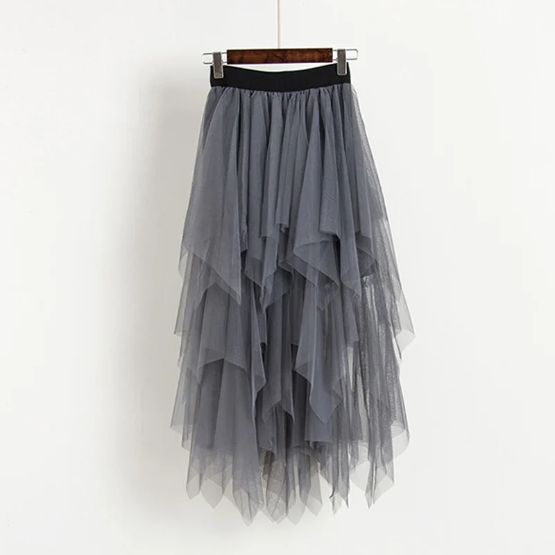 Женские юбки из тюля с высокой талией, сетчатая юбка, асимметричная плиссированная юбка миди, женская тонкая черная Повседневная Новая осенне-зимняя юбка
