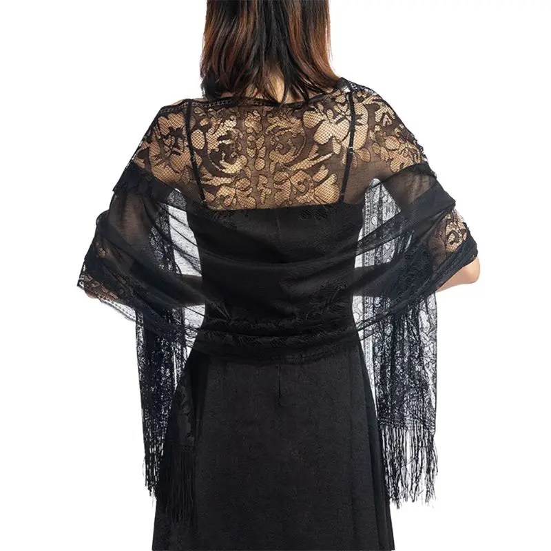 Black 185x63 см, женский шарф 1920 s, Ажурные вязаные крючком цветочные кружева, бахрома, кисточки, свадебная накидка, вечерняя винтажная шаль - Цвет: Black