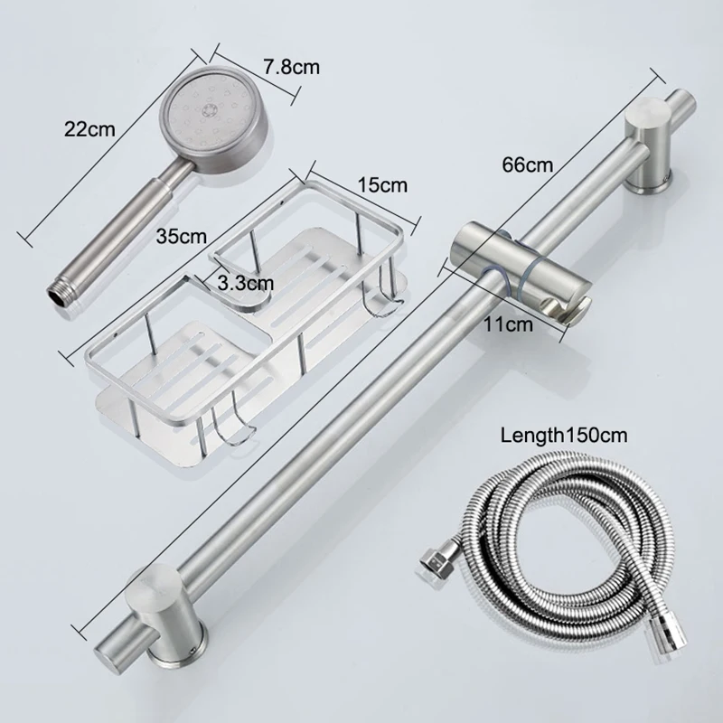 Bath Shower Sliding Bar with Hand Shower Bath Shelf Stainless Steel Set Brushed Nickel Finished ELF981