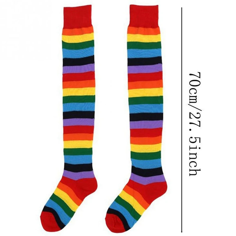 Fashion Women Rainbow Stripe Knee Thigh High Long Stocking Stretchy Fingerless Mitten Gloves Holiday Party Set