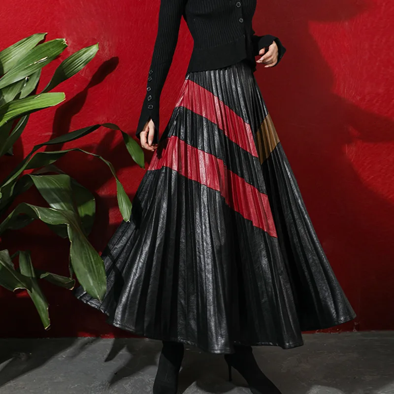 

LANMREM 2020 Spring New Fashion High Waist Slim Color Matching Pleated Half-length Leather Skirt Women PB179