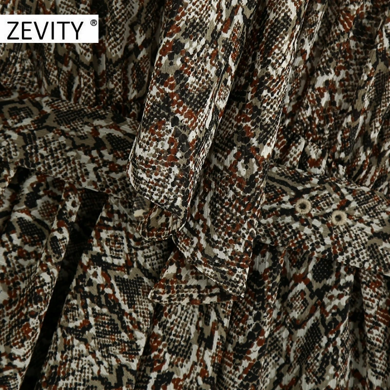 ZEVITY women vintage snake skin print sashes chiffon mini dress chic ladies long sleeve bow collar vestido casual dresses DS4446