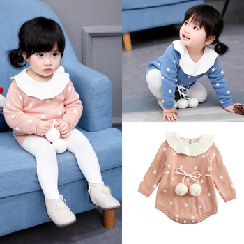 

2020 autumn and winter models newborn triangle romper wraps polka dot thick lotus leaf collar knit baby one-piece dress