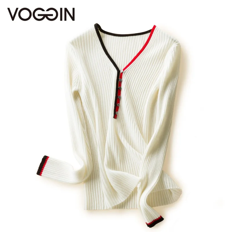 

VOGGIN Ladies Pullovers Long Sleeve Half cardigan women sweater V Neck 100% Merino wool worsted knitted women jumper 2020